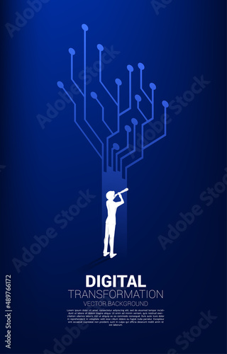 Silhouette of businessman looking through telescope with the way with dot connect line circuit. concept of digital transformation of business