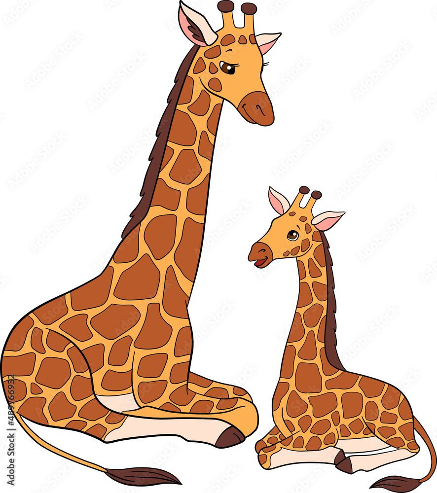 Cartoon wild animals. Mother giraffe with her little cute baby giraffe.  They smile. Stock Vector | Adobe Stock