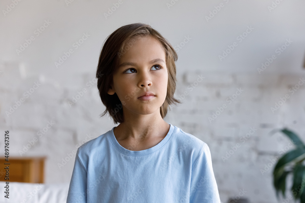 Head shot portrait pensive handsome 9s boy wear casual blue t-shirt standing alone in living room staring aside looking thoughtful feels uncertain, search solution, creative ideas, challenge concept Head shot portrait pensive handsome 9s boy wear casual blue t-shirt standing alone in living room staring aside looking thoughtful feels uncertain, search solution, creative ideas, challenge concept