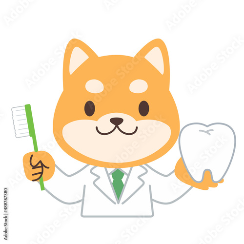 歯ブラシを持つ犬の先生