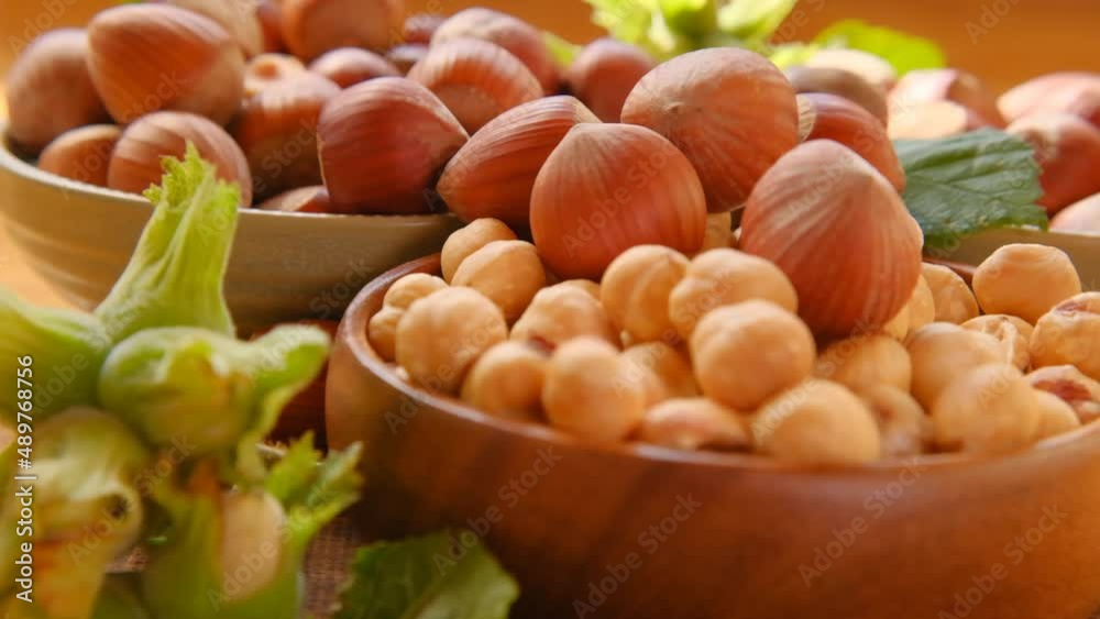 Hazelnuts harvest.Nuts fall in a wooden cup on the table. Nut abundance.Organic bio nuts. Healthy fats. Whole and shelled organic hazelnuts on a wooden table.Hazelnuts in rustic style.Healthy fats.4k Hazelnuts harvest.Nuts fall in a wooden cup on the table. Nut abundance.Organic bio nuts. Healthy fats. Whole and shelled organic hazelnuts on a wooden table.Hazelnuts in rustic style.Healthy fats.4k