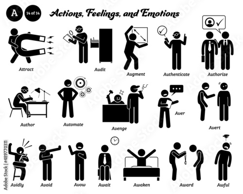 Stick figure human people man action, feelings, and emotions icons starting with alphabet A. Attract, audit, augment, authenticate, authorize, author, automate, avenge, avoid, await, awaken, awful.