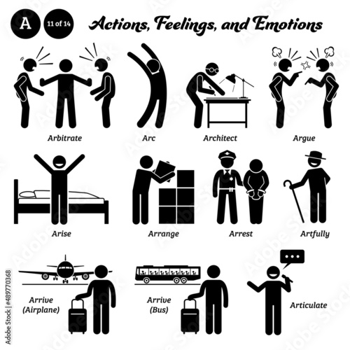 Stick figure human people man action, feelings, and emotions icons starting with alphabet A. Arbitrate, arc, architect, argue, arise, arrange, arrest, artfully, arrive airplane bus, and articulate.