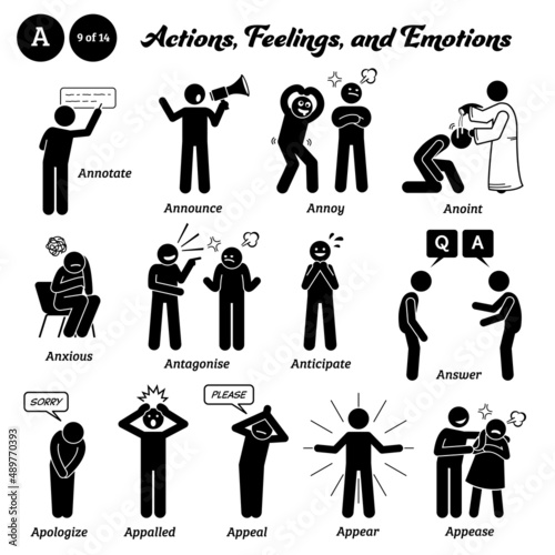 Stick figure human people man action, feelings, and emotions icons starting with alphabet A. Announce, annoy, anoint, anxious, antagonise, anticipate, answer, apologize, appeal, appear, and, appease.