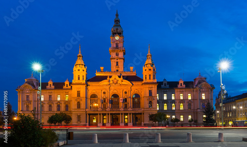 Illuminated building of Gyor City Hall in twilight  Hungary