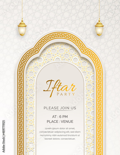 White luxury islamic iftar invitation with decorative ornament pattern and lanterns Premium Vector photo