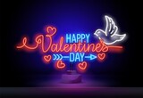 Neon Valentine's day. Old school style. 3d neon sign. Realistic neon sign. Love day banner, logo, emblem and label. Bright signboard, light banner.