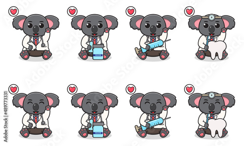 Vector Illustration of Cute sitting Koala cartoon with Doctor costume and hand up pose. Set of cute little Kolala characters. Collection of funny Koala isolated on a white background.