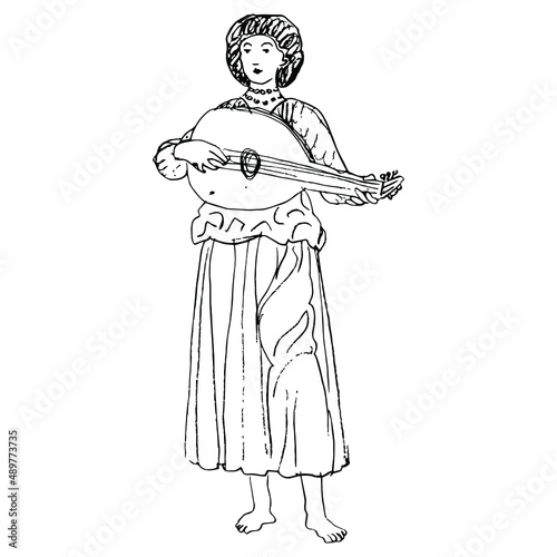 Standing medieval musician playing lute. Hand drawn linear doodle rough sketch. Black silhouette on white background.