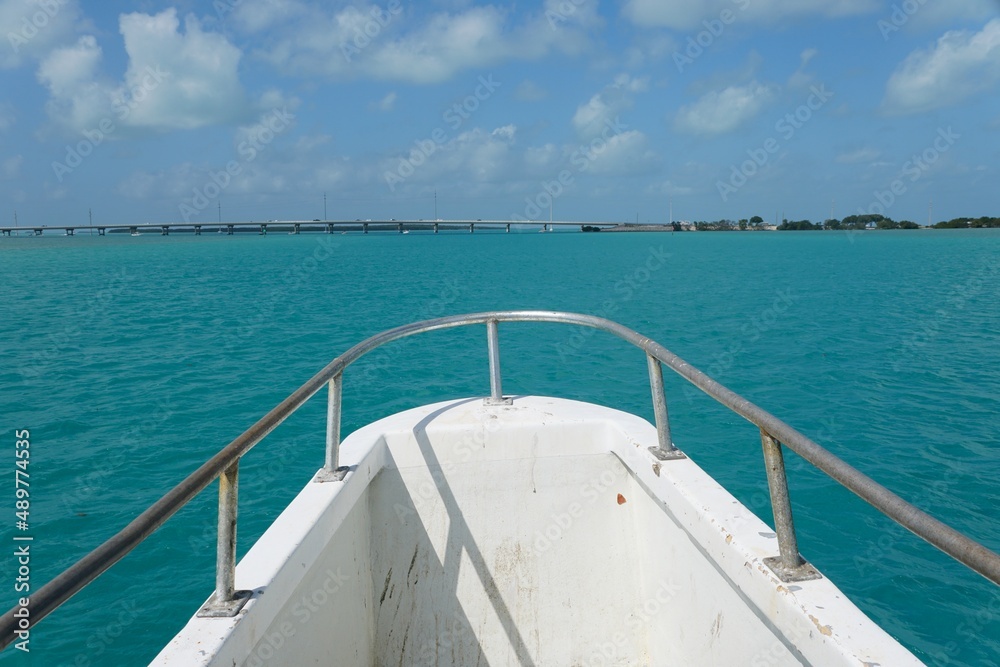 The view of the blue ocean in front of the boat near Islamorada, Florida, U.S.A