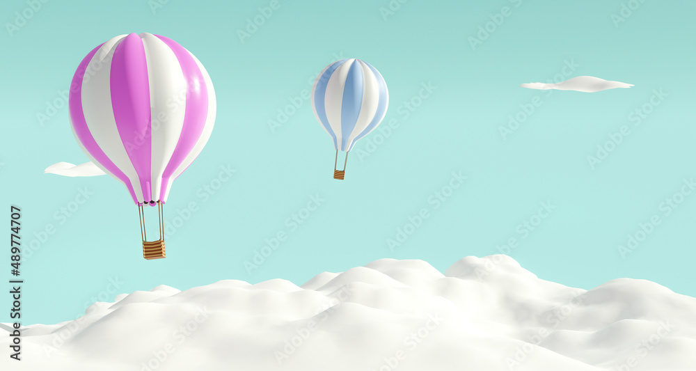 Obraz premium Colorful hot air balloons soar over white clouds in blue sky. 3d rendering.