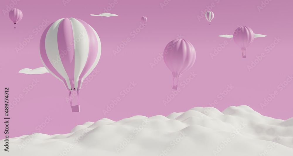 Pastel pink hot air balloons soar over white clouds. 3d rendering.