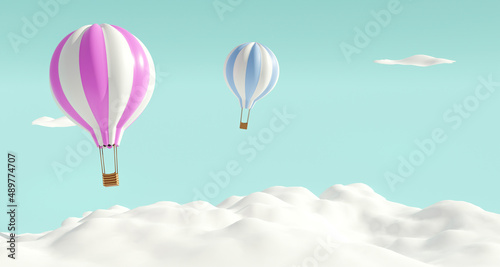Colorful hot air balloons soar over white clouds in blue sky. 3d rendering.
