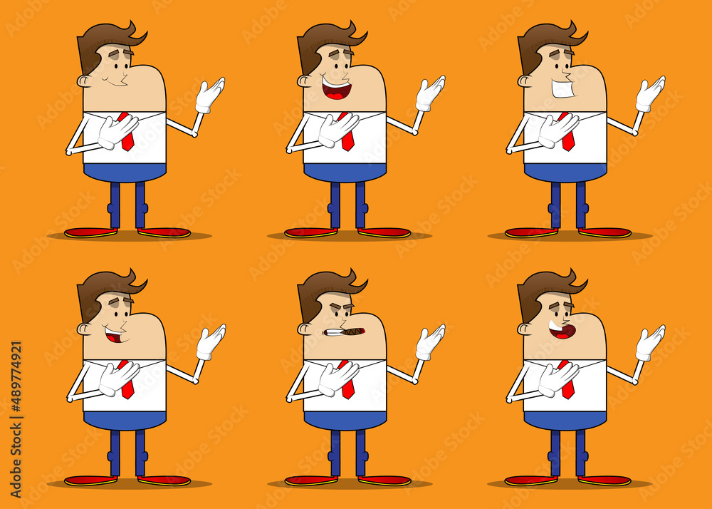 Simple retro cartoon of a businessman showing something with both hands, powerful hand gesture. Professional finance employee white wearing shirt with red tie.