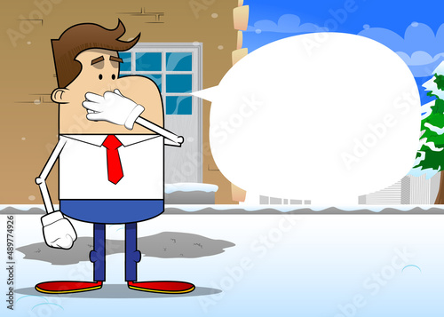 Simple retro cartoon of a businessman holding his nose because of a bad smell. Professional finance employee white wearing shirt with red tie.