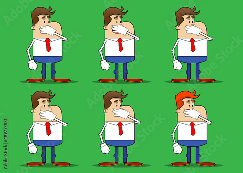 Simple retro cartoon of a businessman holding his nose because of a bad smell. Professional finance employee white wearing shirt with red tie.