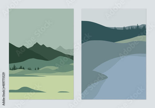 Minimalist landscape poster design, field in front of mountains and lake