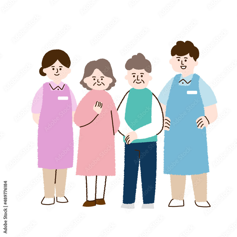 高齢者男女と介護士男女