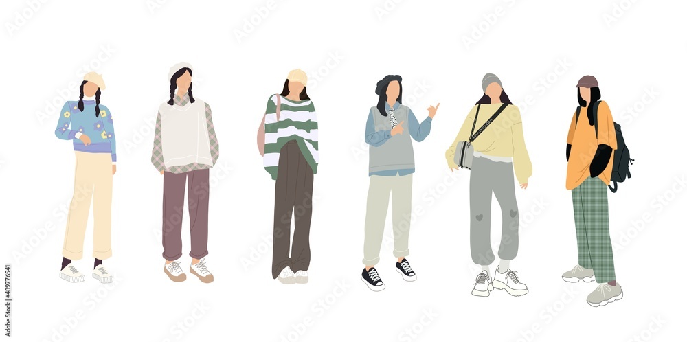 A set of stylish people in fashionable casual outfits with accessories and bags. Young modern women in fashionable spring and summer clothes. Color flat illustration isolated on a white background