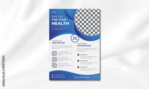 Best Tips For Your Medical health care Consultancy flyer brochure template design, background for text, space for a picture, and blue wavy lines decoration. vector