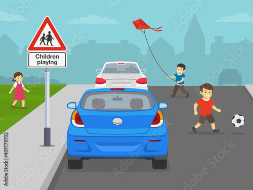 Road or traffic safety rules. Happy kids playing near city road. Slow down, children playing ahead warning sign. Flat vector illustration template.