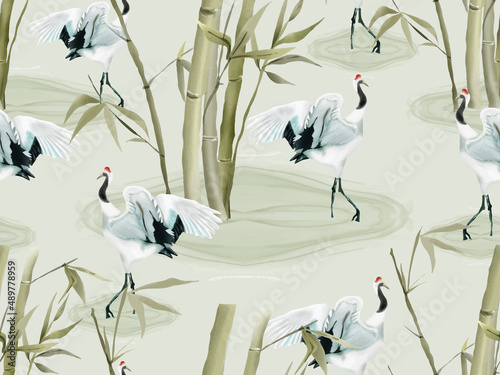 Hand painted seamless pattern japanese crane with bamboo