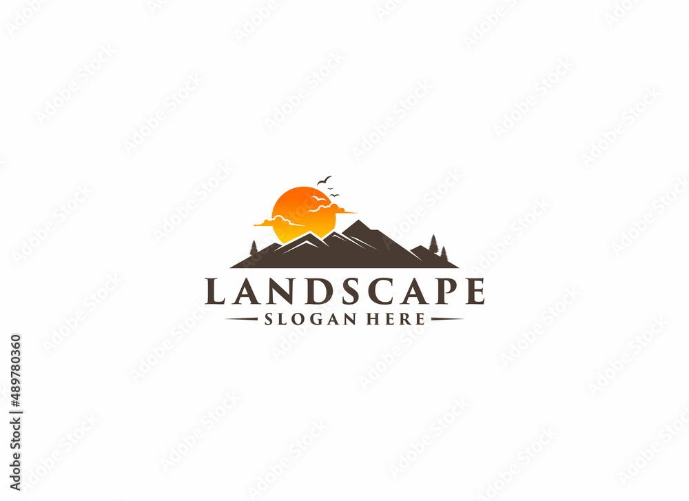 beautiful mountain scenery and sunrise illustration logo