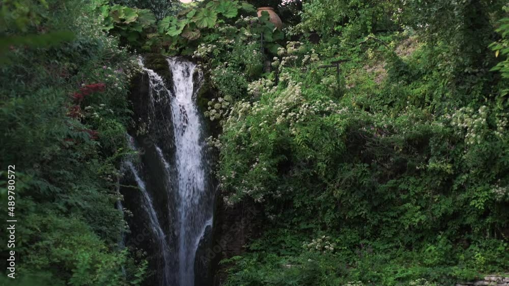 Beautiful green scenery with waterfall surrounded by diversity of plants and flowers Beautiful green scenery with waterfall surrounded by diversity of plants and flowers