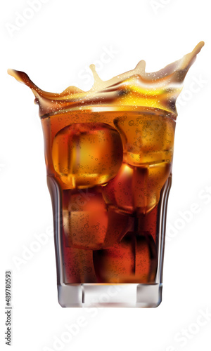 Cold cola in glass with ice cube