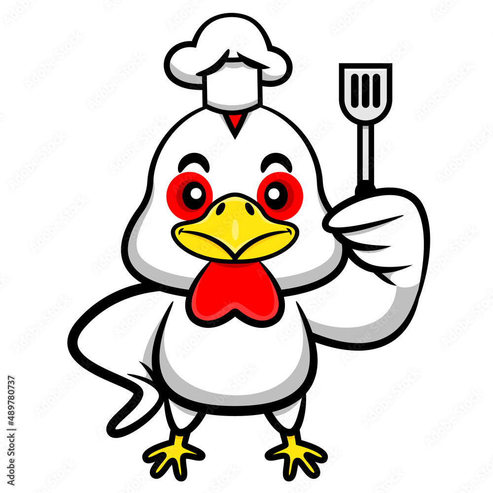 Cartoon illustration of a chicken wearing chef hat and holding a spatula, best for mascot or logo of fast food restaurant for kids Cartoon illustration of a chicken wearing chef hat and holding a spatula, best for mascot or logo of fast food restaurant for kids