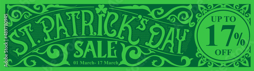  st patricks day sale banner template. vintage retro typography on green background. St. Patrick's Day. shamrock leaf clover. Vector illustration.