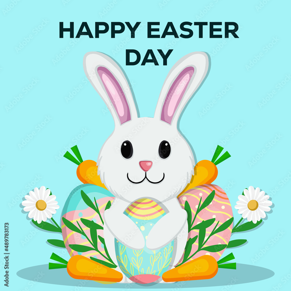 happy easter day hand drawn illustration with rabbit hugging eggs, carrot, plants, and flower happy easter day hand drawn illustration with rabbit hugging eggs, carrot, plants, and flower