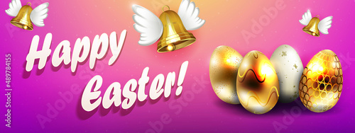 Purple composition with easter golden eggs, bells with wings
