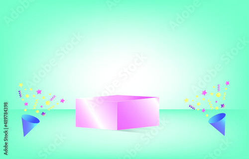 Pink square luxury pedestal, pastel blue simple wall scene, 3d geometric display vector for product presentation.