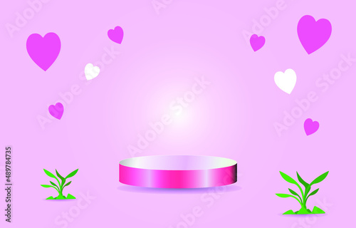 Luxury pink podium on light pink empty room background. tree  and heart-shaped  decorate. Abstract vector rendering 3d shape for advertising products display. Minimal scene studio room.