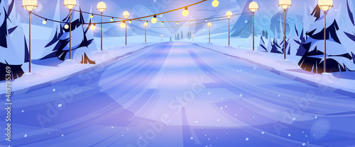 Ice slide on winter ski resort, iced slippery hill with light garlands, street lamps and conifers along. Cartoon background for snowboarding, sliding or skiing wintertime sport, Vector illustration