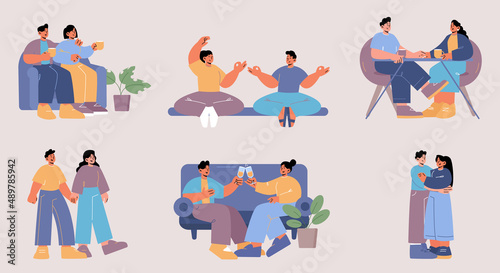 Couple romance dating  man and woman in love romantic relations and spare time. People drinking tea or wine at home or cafe  visit yoga classes  walk and hugging holding hands  Line art vector set