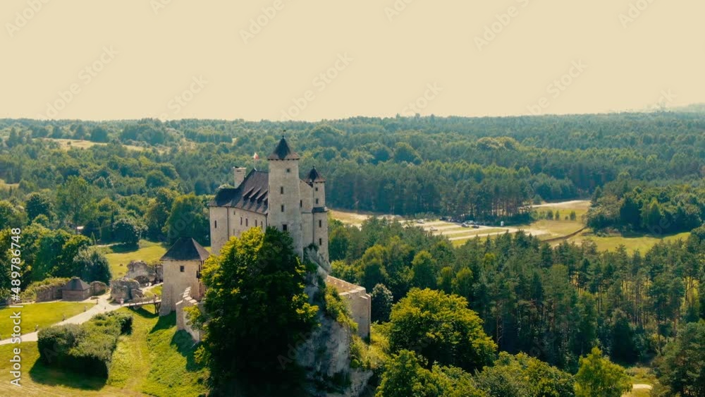 Morning aerial view on the medieval royal castle Bobolice. Poland. High quality 4k footage Morning aerial view on the medieval royal castle Bobolice. Poland. High quality 4k footage