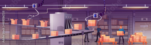 Factory warehouse with conveyor belt, automated robots, workers and cardboard boxes on shelves and pallets. Vector cartoon illustration of storage room interior with automatic production line