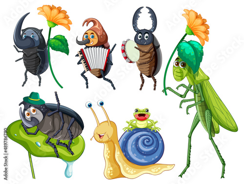 Set of different insects and beetles in cartoon style