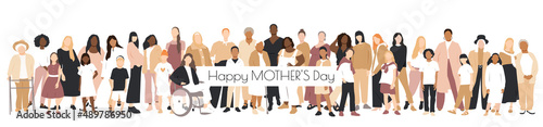 Happy Mother's Day card. Multicultural group of mothers with kids collection. Flat vector illustration.