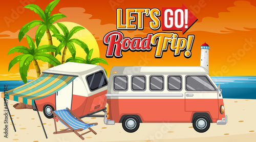 Summer road trip to the beach scene with icon