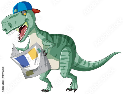 Tyrannosaurus rex reading newspaper in cartoon style