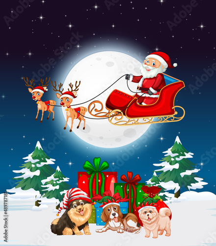 Snowy winter night with Santa Claus on sleigh