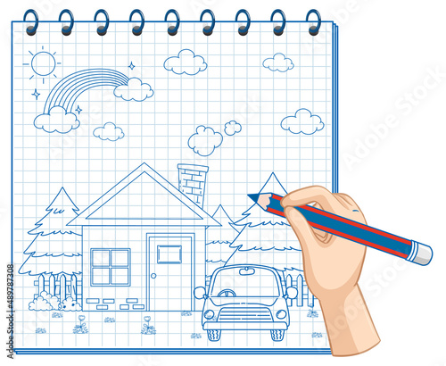 A notebook with a doodle sketch design at the cover page