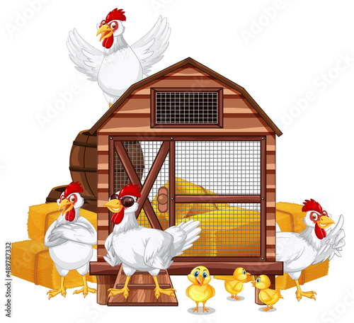 An isolated scene with a group of chickens in cartoon style