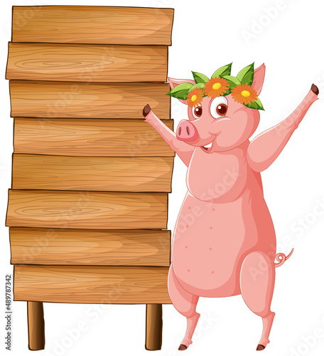 Isolated wooden signpost banner with pig