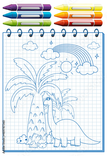 A notebook with a doodle sketch design with crayons