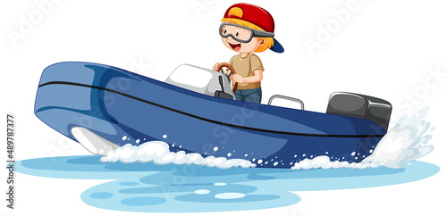 A boy driving motorboat in cartoon style