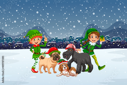 Snowy winter night with Christmas elves and dogs